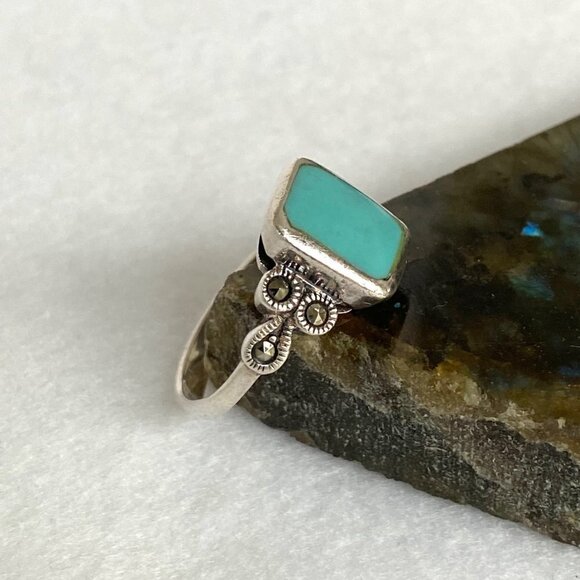 Sterling Silver 925 Rectangular Faux Turquoise Inlay Marcasite Shank Ring Sz 6.5 - Picture 6 of 16